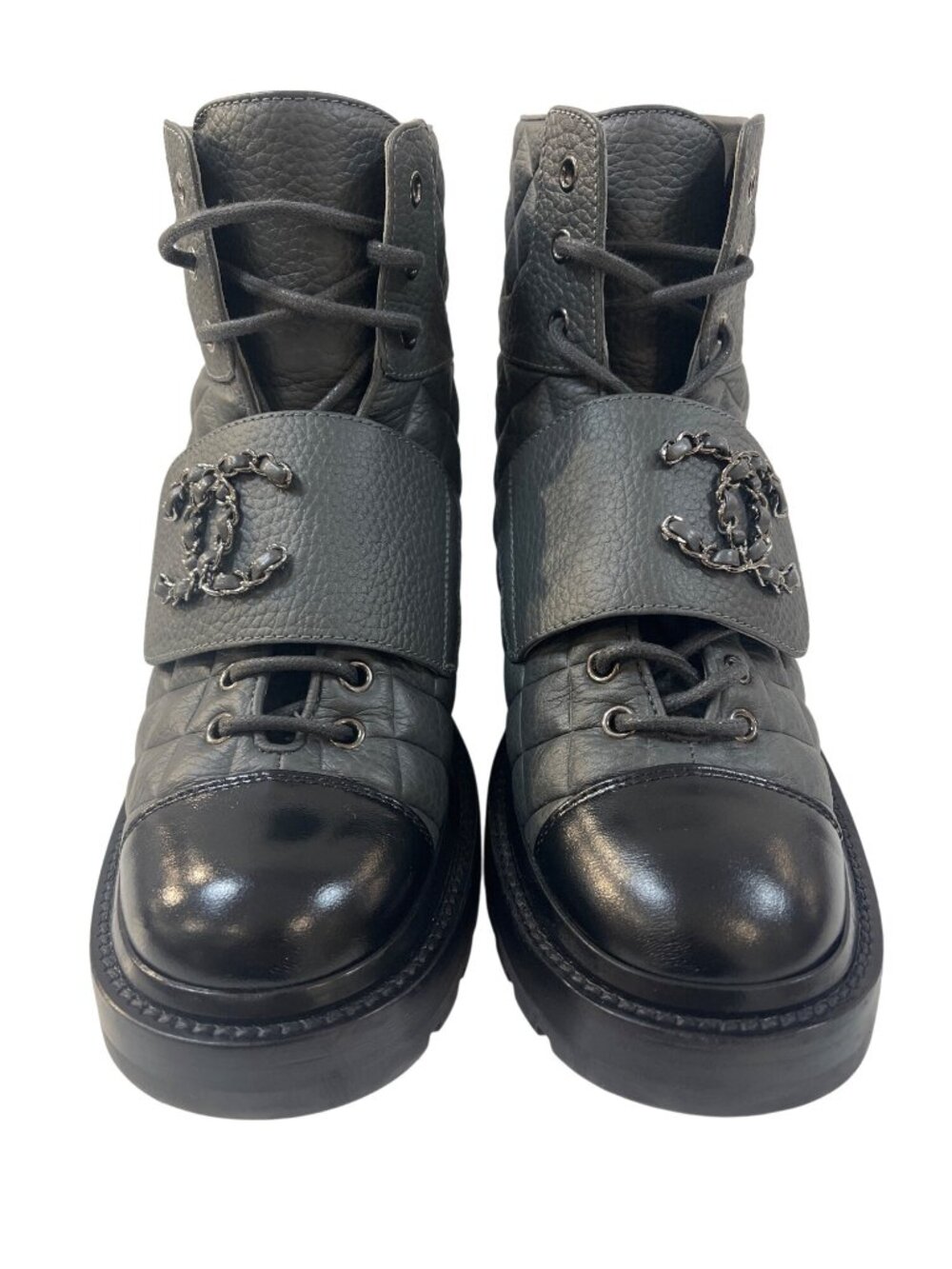 B-8. Chanel Quilted Combat Boot IT 37 US 6.5 Gray Black - Picture 5 of 16